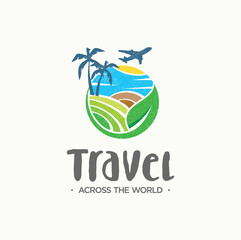 Travel agency logo on white background. symbol of vacation. creative travel logo for tourist, vacation traveler And holiday traveler Logo Design company. Nature Beach Landscape Logo Sign