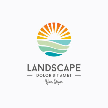 Sunset beach logo Landscape design Template Vector illustration. summer Wave sun Logo Sign Design Icon. ocean , tropical And Sea Sun Logo Element. sunset and sunrise concept symbol