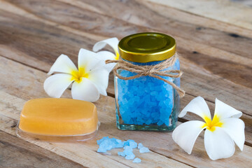 blue bath salt herbal beauty with soap health care body skin for a bath of lifestyle woman relax decoration on background wooden