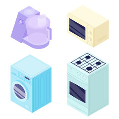 Fototapeta premium Vector set of home appliances icons in 3D isometry, illustration of isometric gas stove, microwave oven, washing machine and kitchen mixer isolated on white background