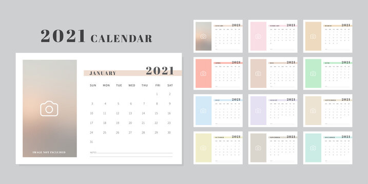 Calendar 2021 template. Minimal design. Calendar template design with place for photo. Vector illustration
