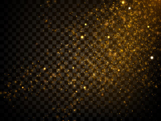 Vector golden light effect isolated on dark transparent background. Decorative sparkles, glowing glitter dust and shiny particles.
