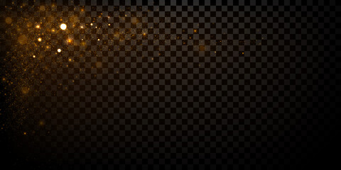 Vector golden light effect isolated on dark transparent background. Decorative sparkles, glowing glitter dust and shiny particles.