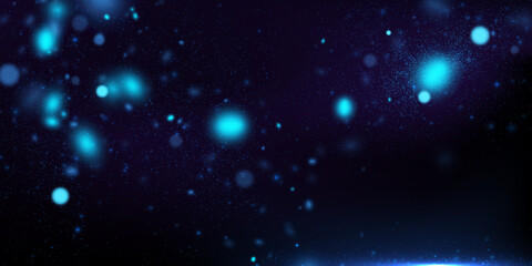 Vector abstract background with blue particles on dark. Glowing magical lights, sparkling glittering effect.	