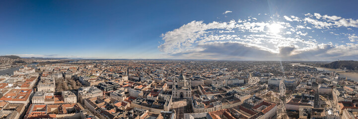 Obraz premium Aerial panoramic drone shot of St. Stephen's Basilica city center at Budapest winter morning