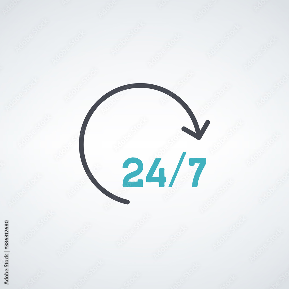Poster open around the clock or 24 hours a day and 7 days a week icon or symbol isolated on white backgroun
