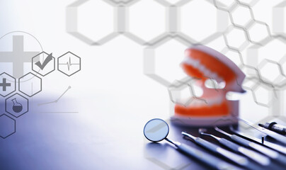 Equipment for the dental office. Orthopedic Instruments. Dental technician with working tools....