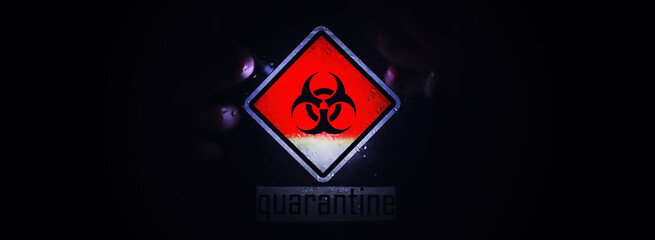 Quarantine. Quarantine warning sign on a glass door in a hospital isolator. Isolation of patients...