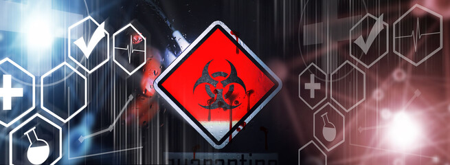 Quarantine. Quarantine warning sign on a glass door in a hospital isolator. Isolation of patients...