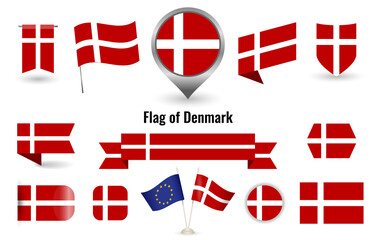 The Flag of Denmark. Big set of icons and symbols. Square and round Danmark flag. Collection of different flags of horizontal and vertical.