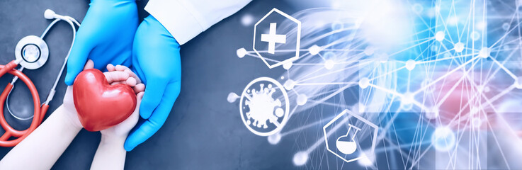 Medical concept. The doctor in gloves holds the patient's hand. The moral help of the doctor to his...