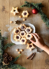 Composition with tasty Christmas cookies on wooden background. Flat lay.