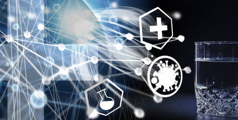 Water soluble tablets. The medicine is soluble. Anti-hangover. Effervescent tablets in a glass.