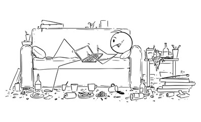Vector cartoon stick figure illustration of man or businessman lying on sofa or couch and typing or working on computer. Home office, working from home in coronavirus covid-19 pandemic. Mess and junk