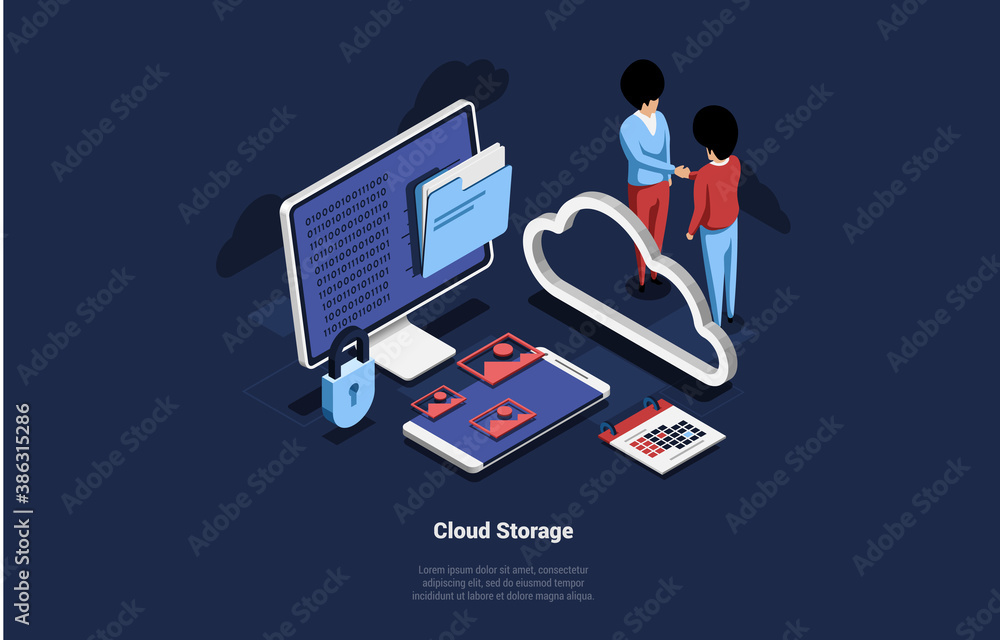 Poster cloud storage of data concept vector ilustration. 3d isometric composition with cartoon characters s