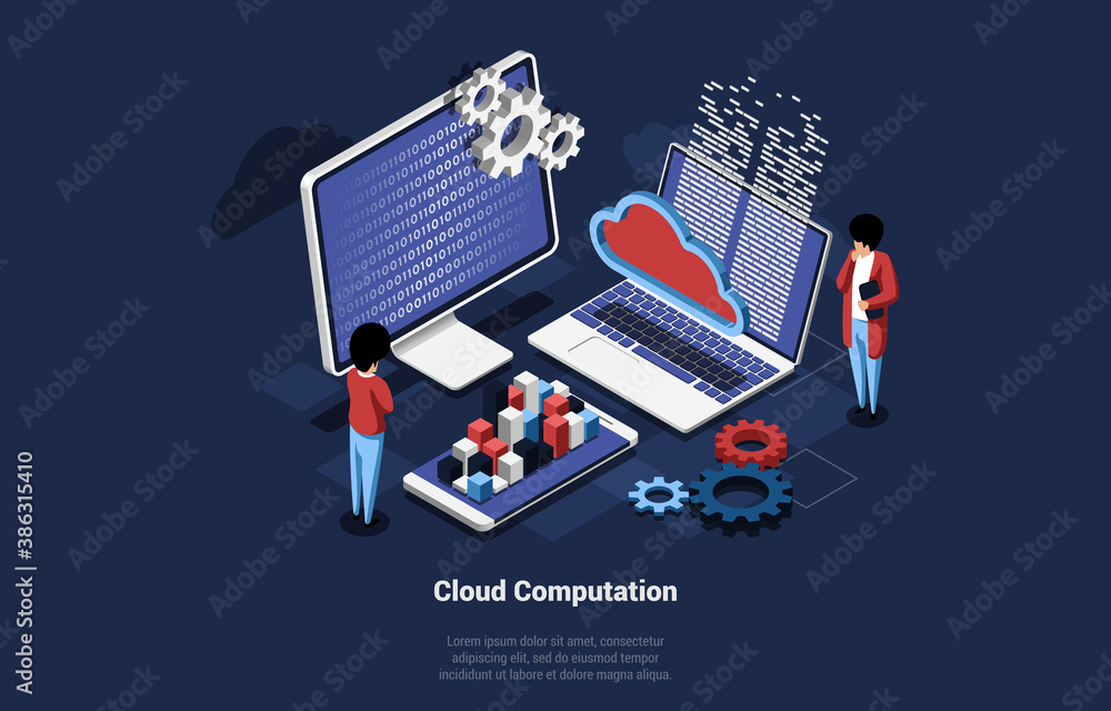 Aufkleber vector illustration with infographic of cloud computation concept. 3d isometric art of computer scre