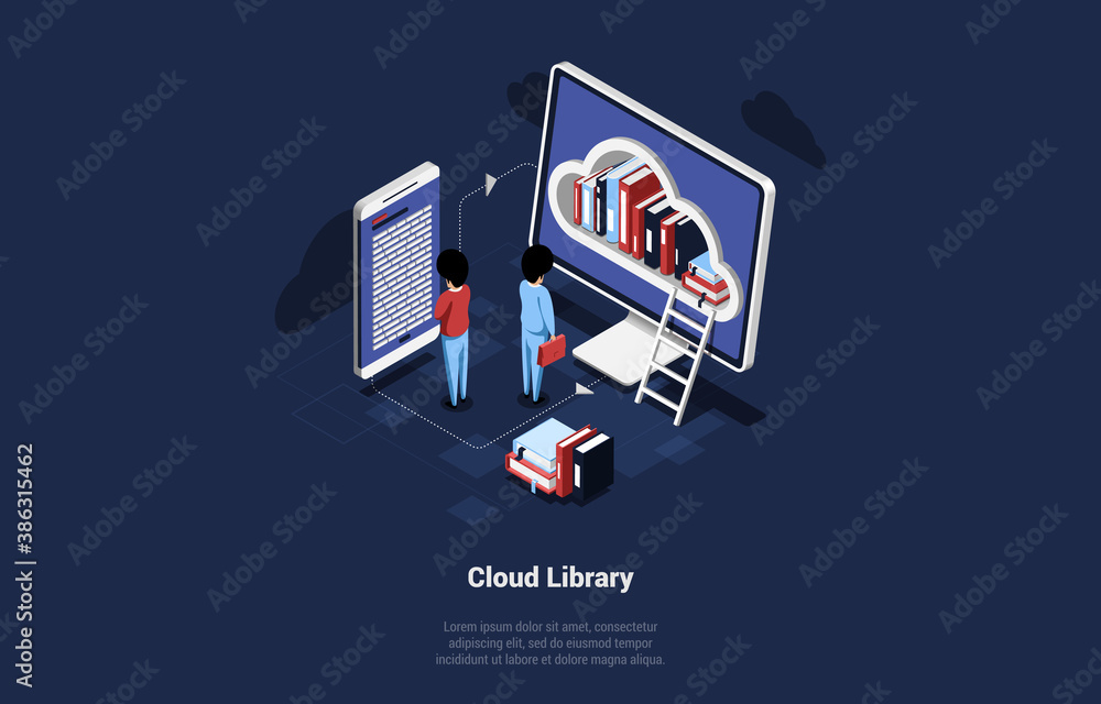 Poster cloud library 3d vector illustration. cartoon isometric objects and writing on dark background. comp