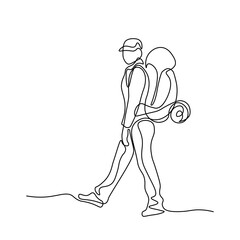 Woman traveler with backpack in continuous line art drawing style. Hiking and camping activity. Black linear sketch isolated on white background. Vector illustration