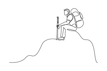 Man traveler with backpack and trekking poles sitting on the top of mountain peak in continuous line art drawing style. Hiking and mountain climbing. Black linear sketch isolated on white background - obrazy, fototapety, plakaty