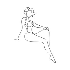 Attractive woman in continuous line art drawing style. Slim woman posing in bikini minimalist black linear sketch isolated on white background. Vector illustration