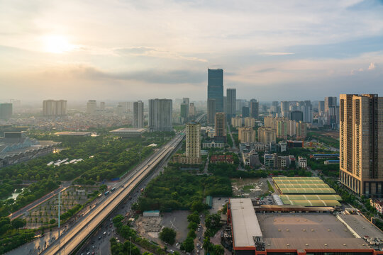 Hanoi skyline cityscape during sunset period at Pham Hung street in Cau Giay district in 2020
