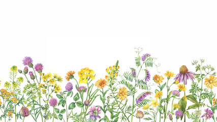 Obraz na płótnie Canvas Seamless pattern, border with meadow wildflower, flowering medicinal herbs.. Watercolor hand drawn painting illustration isolated on a white background.