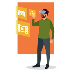 A teenager is using VR to play games and listen to music