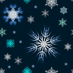 Fototapeta na wymiar Vector seamless Christmas background with multicolored snowflakes of different sizes and shapes, New Year festive pattern for decoration