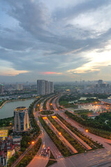 Fototapeta premium Hanoi skyline cityscape during sunset period at intersection Khuat Duy Tien - Tran Duy Hung st in 2020