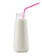 Glass cup of milk with a straw isolated on white
