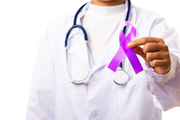 National Epilepsy or Alzheimer disease Day. woman doctor white uniform hold purple ribbon on hand...