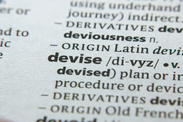 Word or phrase Devise in a dictionary.