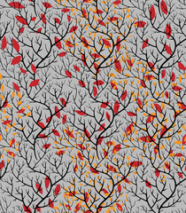 Autumn branches with dry leaves twigs seamless pattern