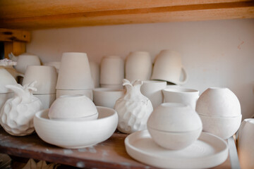 Fototapeta na wymiar Pottery vases and cups.Top horizontal view copyspace