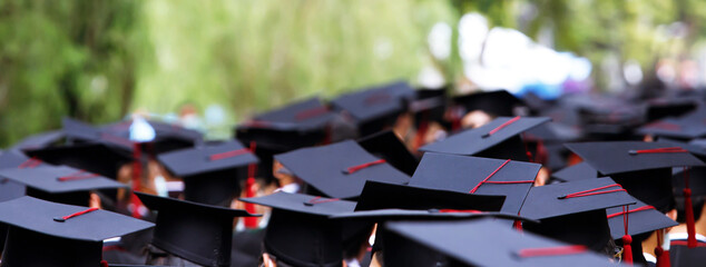 Group of Graduates during commencement stand in row. Concept education congratulation in...