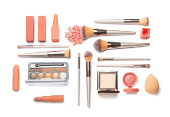 Set of makeup brushes with decorative cosmetics on white background - obrazy, fototapety, plakaty