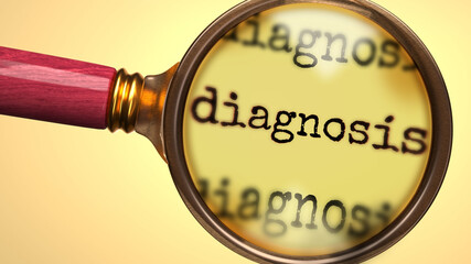 Examine and study diagnosis, showed as a magnify glass and word diagnosis to symbolize process of analyzing, exploring, learning and taking a closer look at diagnosis, 3d illustration - obrazy, fototapety, plakaty
