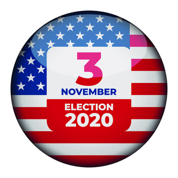 November 3, 2020. 2020 United States of America Presidential Election Button Design. Election button Vote 2020 with Patriotic Elements. Design for flyers, invitation card or print. Vector EPS 10.