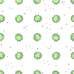 Seamless pattern of molecules, cells of virus, bacteria. Pandemic, epidemic covid-19. Theme of quarantine, spread of coronavirus, vaccination. Vector hand drawn background in doodle style isolated