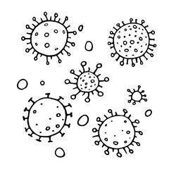 Vector virus icon set. The Molecule viral bacteria infection. Coronavirus. Flu laboratory infection test. Contour doodle outline hand drawn