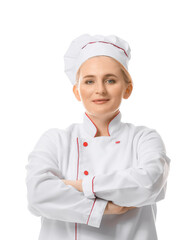 Mature female chef on white background