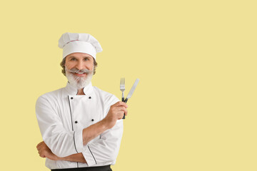 Mature male chef on color background