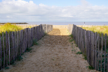 pedestrian access to the sand of the beach protected by wooden barriers