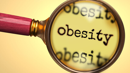 Examine and study obesity, showed as a magnify glass and word obesity to symbolize process of analyzing, exploring, learning and taking a closer look at obesity, 3d illustration - obrazy, fototapety, plakaty