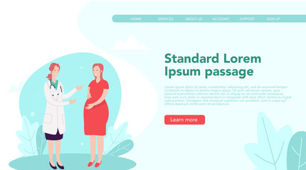 Landing page concept for pediatricians. Illustration of doctor with pregnant mother for website and landing page