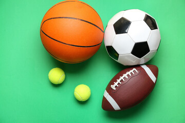 Set of sport equipment on color background