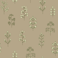 Vertical floral seamless pattern with a variety of twigs and flowers. Vector hand drawing in scandinavian style.