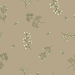  Floral seamless pattern with various types of twigs and flowers. Vector hand drawing in scandinavian style.
