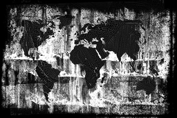 Grunge antique world map on old grungy wall. Scratch surface. Black and white illustration