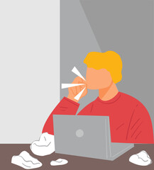 Fototapeta na wymiar Man working from home or office coughing and sneezing